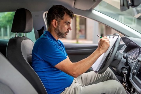 Side view of a mature delivery man writing notes inside a car in the city