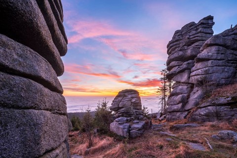 Rock formations on the Dreisesselberg at sunset, Haidmühle, Bavarian Forest, Lower Bavaria,