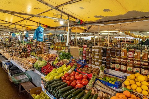 Fruit, vegetables and local specialities at the market in Trogir, Croatia, Europe