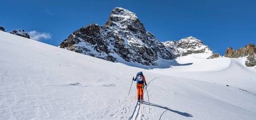 Ski tourer, rope team on the Vadret da Porchabella glacier on the ascent to the summit of Piz