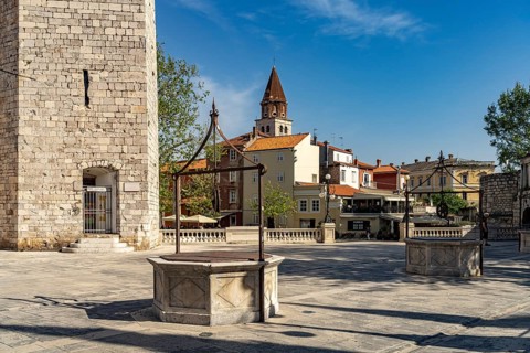 The Square of Five Fountains with the Captain's Tower and the Church of St Simeon, Zadar, Croatia,