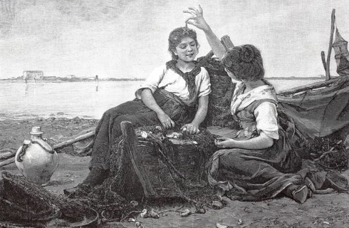 Two girls playing on the beach with a starfish, c. 1880, France, digital reproduction of an