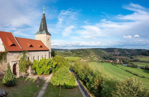 Zscheiplitz monastery church, view of the Unstrut valley and Freyburg, Saxony-Anhalt, Germany,