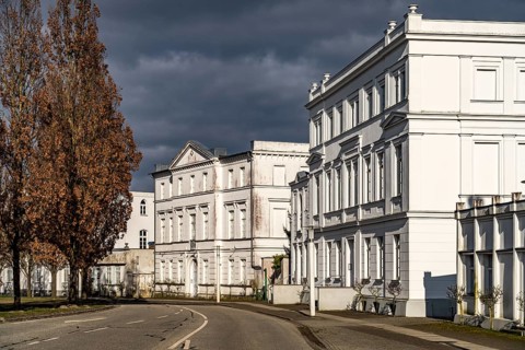 White classicist building at the Circus in Putbus, Island of Ruegen, Mecklenburg-Vorpommern,