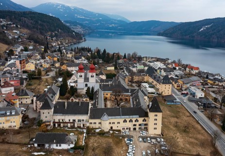 Drone shot, view of the town, Millstatt Abbey, Millstatt, Lake Millstatt, Carinthia, Austria,