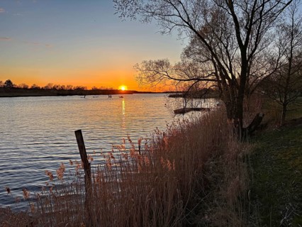 Romantic sunset over a river with trees and reeds on the banks, Gartow, Wendland, Lower Saxony,
