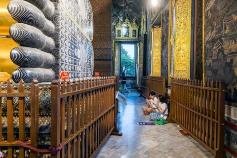 Wat Pho, temple of the reclining Buddha. Sightseeing attraction, architecturally significant temple
