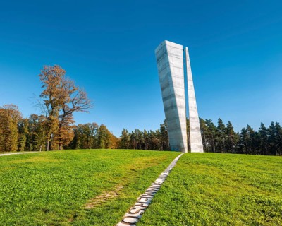 Observation tower on the Mittelberg at the site where the Nebra Sky Disc was found in autumn,
