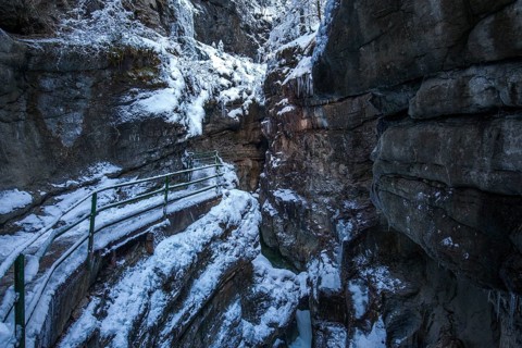 Winter, snowy landscape, river Breitach and hiking trail through the Breitachklamm gorge near