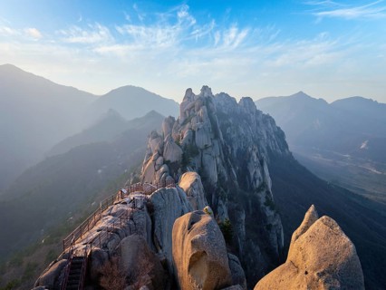 View of stones and rock formations from Ulsanbawi rock peak on sunset. Seoraksan National Park,