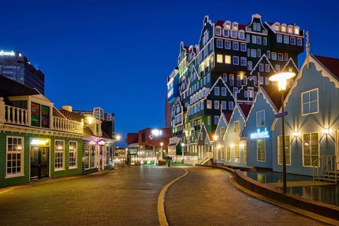 ZAANDAM, NETHERLANDS, MAY 8, 2017: Inntel Hotel in Zaandam illuminated at night. Design of