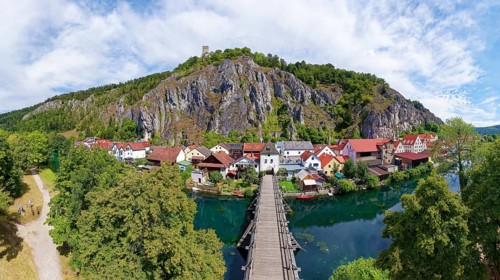 Aerial view, old bridge, wooden bridge, side arm of the Altmühl, Brucktor or bridge gate, on the