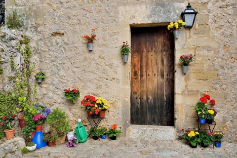Flowerpots in front of a house, Pollenca, Majorca, Balearic Islands, Spain, Europe