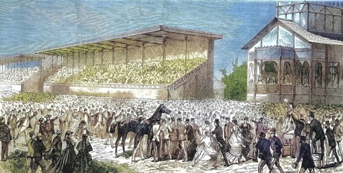 Racecourse in Bois de Boulogne, the favourite horse The Earl is being shown to the public, 1868,