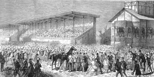 Racecourse in Bois de Boulogne, the favourite horse The Earl is being shown to the public, 1868,