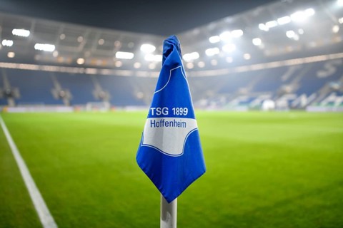 Corner flag, TSG 1899 Hoffenheim logo, grass, stadium interior, empty, PreZero Arena, Sinsheim,