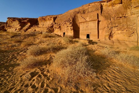 Nabataean tombs at Djabal Al-Ahmar in first daylight, Hegra or Madain Salih, AlUla region, Medina