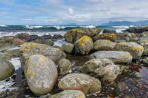 Coast with large stones, Runde Island, Norway, Europe