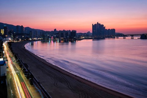 Gwangalli Beach in Busan on sunrise, South Korea. Aerial view