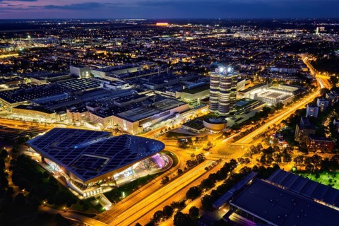 MUNICH, GERMANY, JULY 08, 2018: Aerial view of BMW Museum and BWM Welt and factory and Munich from
