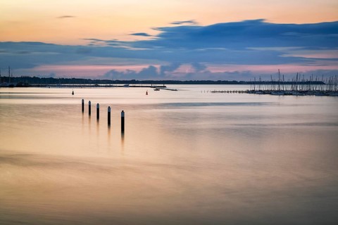 Evening twilight on the Strelasund, long exposure, Stralsund harbour, Germany, Europe