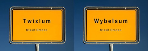 Place name signs for Twixlum and Wybelsum, districts of Emden, where the um at the end means home