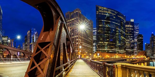 Skyline skyscrapers skyscrapers with Franklin-Orleans Street Bridge bridge panorama at night in