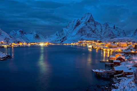 Reine village illuminated at night. Lofoten islands, Norway, Europe