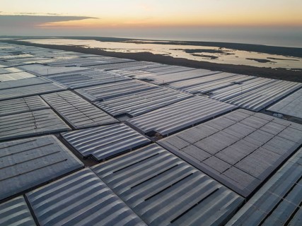 Masses of shimmering plastic greenhouses at the coast of El Ejido aside with the lagoon Salinas de