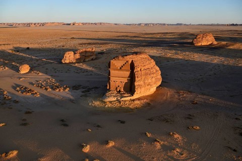 Qasr Al-Farid, 2000-year-old tomb of the Nabataeans, aerial view, Hegra or Madain Salih, AlUla