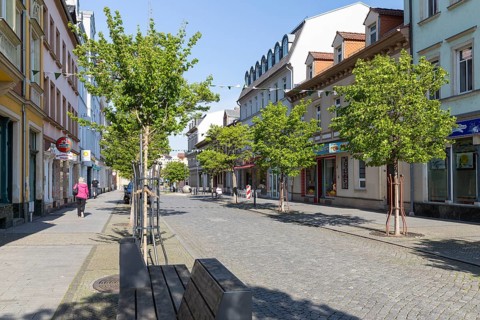Pedestrian zone Hauptstraße in the city centre of Riesa, Saxony, Germany, Europe
