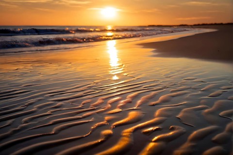 Sunset mood on a whispering tranquil costal landscape with sandy beach, AI generated