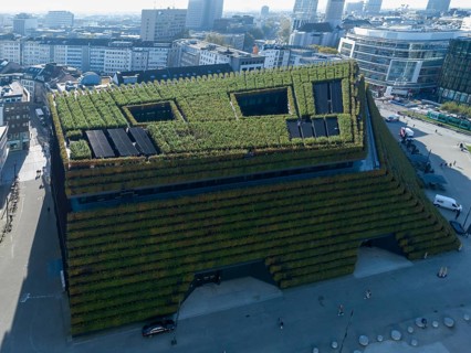 Der Kö Bogen II, Europas größte Grünfassade aus Hainbuchen, Düsseldorf, Drohnenaufnahme,