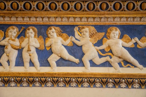Mantelpiece with angel figures in Palazzo Ducale, Unesco world heritage site Urbino, Urbino and