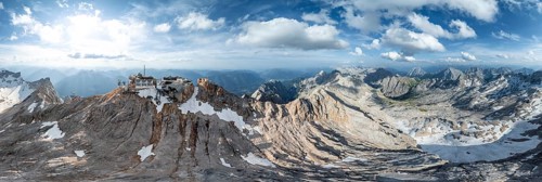 Alpine panorama, aerial view, Zugspitze and Zugspitzplatt with glacier, high mountains, Bavaria,