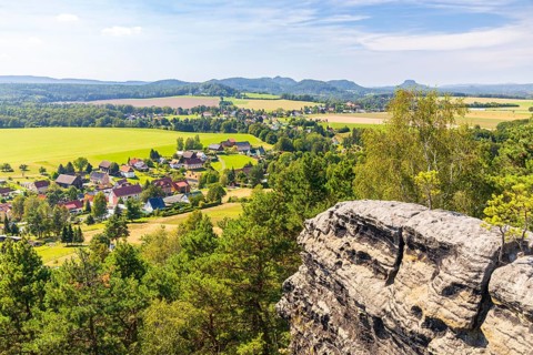 On the Kaiserkrone with panoramic view, view of Schöna and Reinhardtsdorf, in the background the