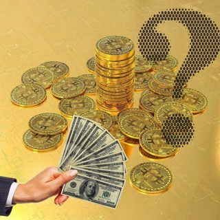 Symbolic image, Bitcoin against dollar, question mark, stock market prices, insecure digital
