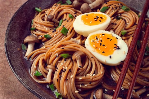 Buckwheat noodles, soba, with shimeji mushrooms, boiled egg, green onion, sesame seeds, homemade,