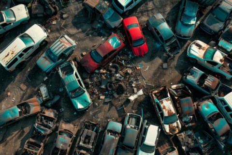 Aerial view, top down view of a scrap car, wreck, in a scrap yard, car graveyard, AI generated, AI