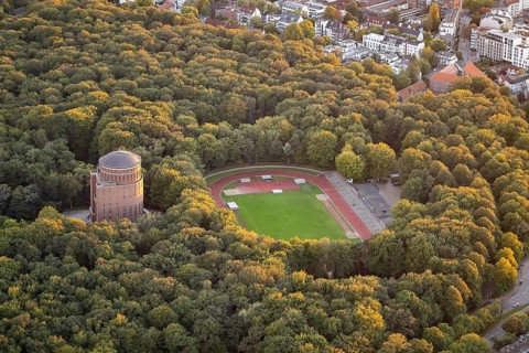 Aerial view of Hamburg City Park with Planetarium and Jahnkampfbahn, Hamburg, Germany, Europe