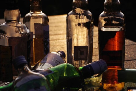 Alcohol, glass bottles, atmosphere, backlight, colourful, alcohol problem, empty and partially