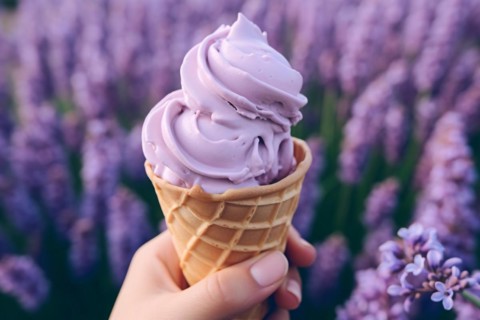 Hand holding purple ice cream in cone with purple flowers in blurry background. KI generiert,