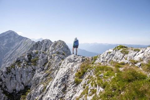 Mountaineer on the summit ridge, Wettersteinkamm, Westliche Wettersteinspitze, Wetterstein