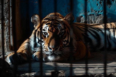 Tiger in cage behind bars. Generative Ai, AI generated