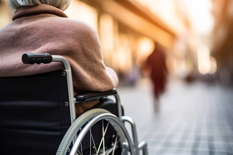 Back view of woman in wheelchair in city street. KI generiert, generiert AI generated