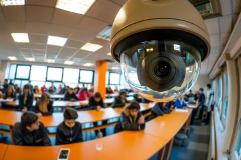 A surveillance camera, CCTV, in a classroom, school building, AI generated, AI generated, AI