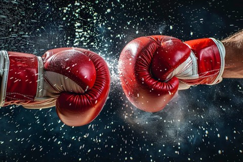 Close up of two red clashing boxing gloves in fight. Generative Ai, AI generated