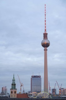 Hotel Park Inn and TV Tower, twilight, view from the roof terrace of the Humboldt Forum, Mitte,