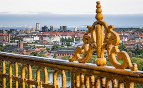 View from the tower of Vor Frelsers Kirke to the island of Amager, the Öresund Bridge or