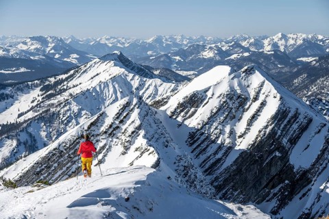 Ski tourers at the summit, mountains in winter, Sonntagshorn, Chiemgau Alps, Bavaria, Germany,